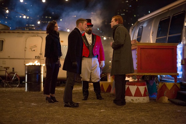 GOTHAM: After the circus comes under attack, Detective James Gordon (Ben McKenzie, second from L) and Dr. Leslie Thompkins (guest star Morena Baccarin) question the son (guest star Cameron Monaghan, R) of a circus performer in the "The Blind Fortune Teller" episode of GOTHAM airing Monday, Feb. 16 (8:00-9:00 PM ET/PT) on FOX. Also pictured: guest star James Monroe Inglehart, second from R. ©2015 Fox Broadcasting Co. Cr: Jessica Miglio/FOX