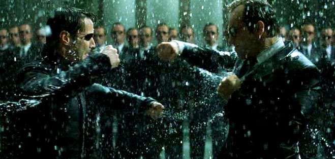 Keanu Reeves and Hugo Weaving in The Matrix Revolutions (2003)