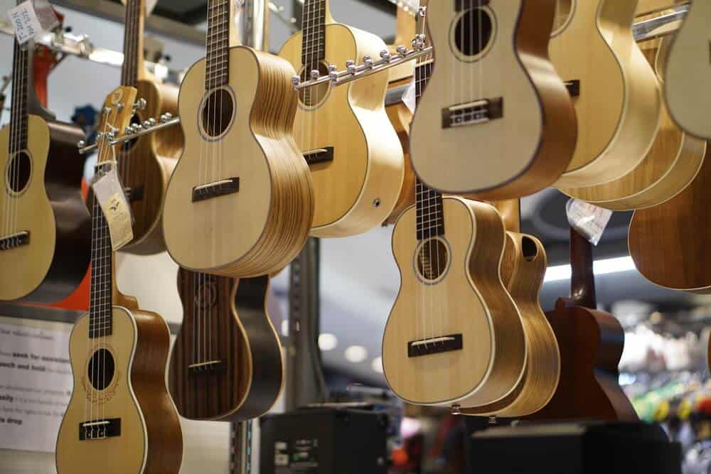 Wooden acoustic guitars.