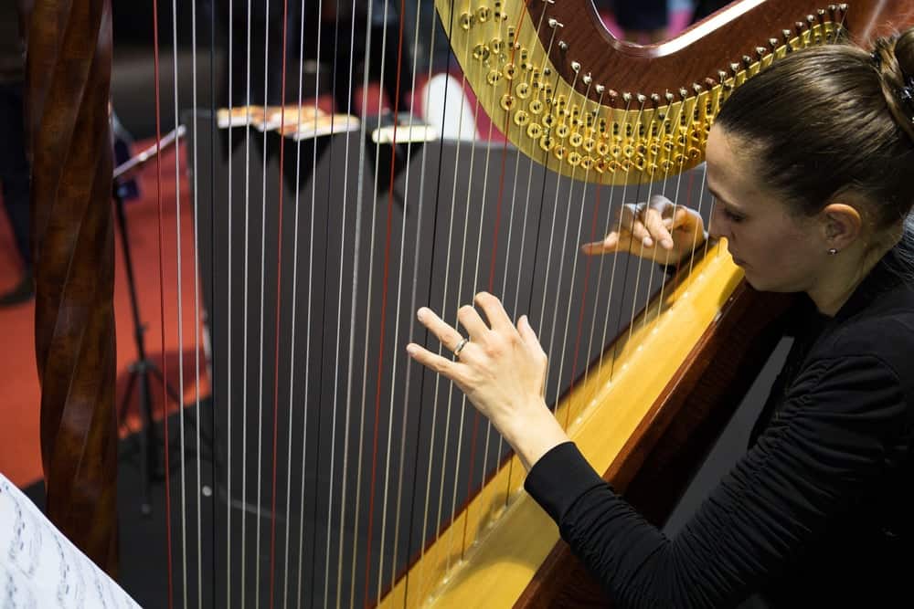 A member of an orchesta team is rehearsing for her harp performance.