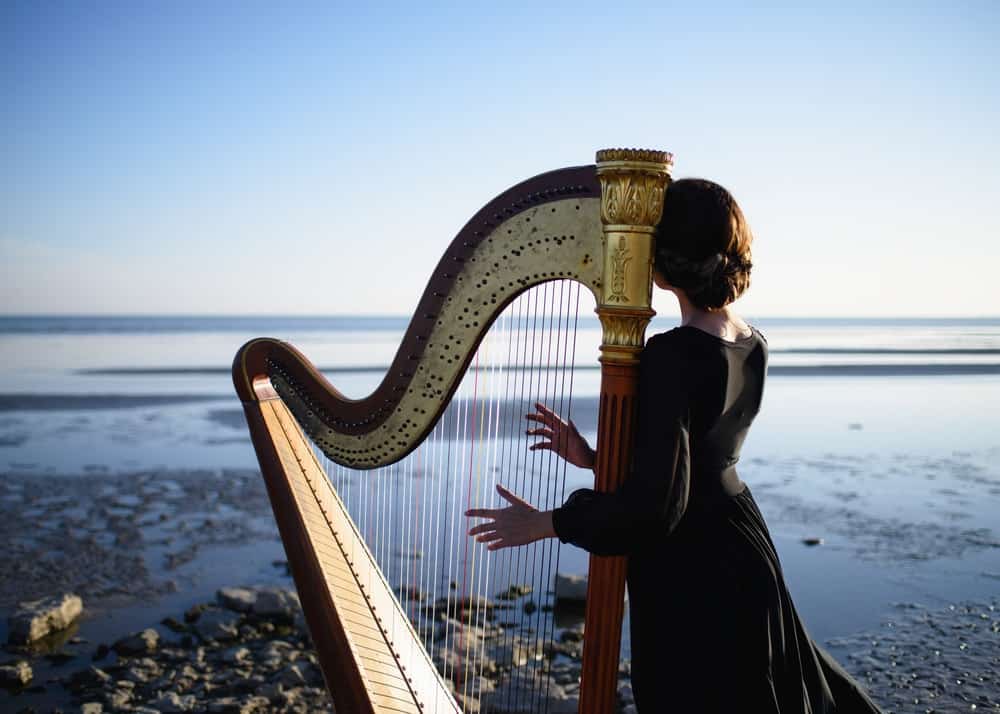 A lady plays her harp while facing the sea.