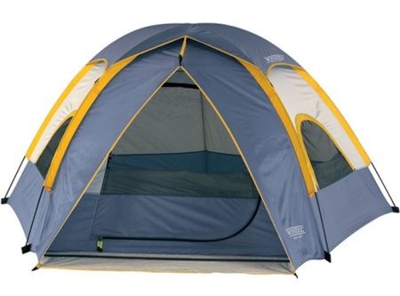Blue polyester tent with yellow accents.