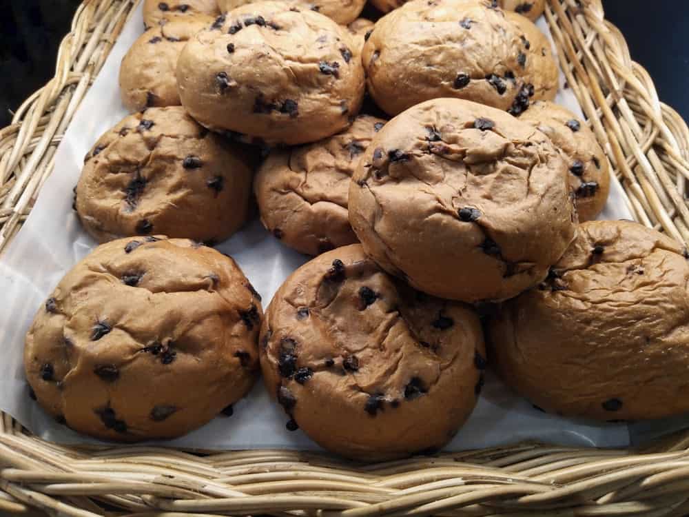 Chocolate chip cookies on a basket.
