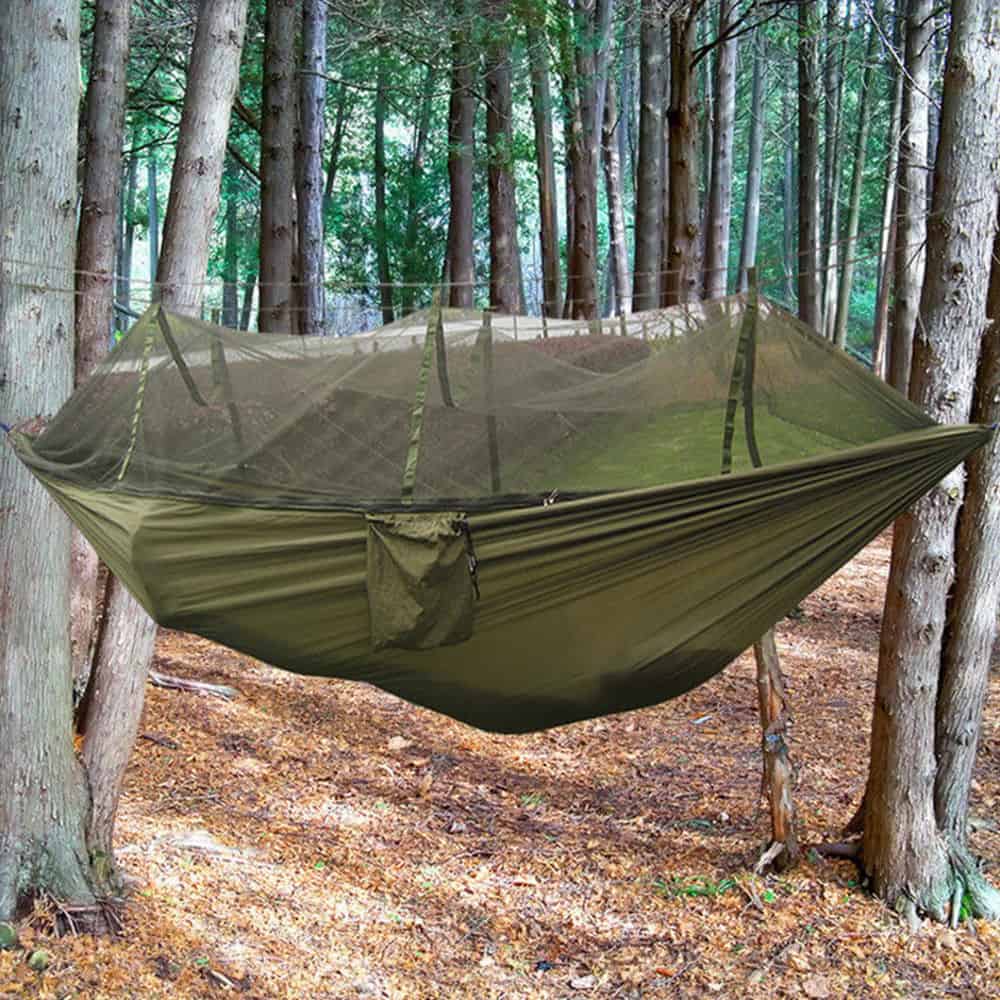 Dark green hanging hammock tent.