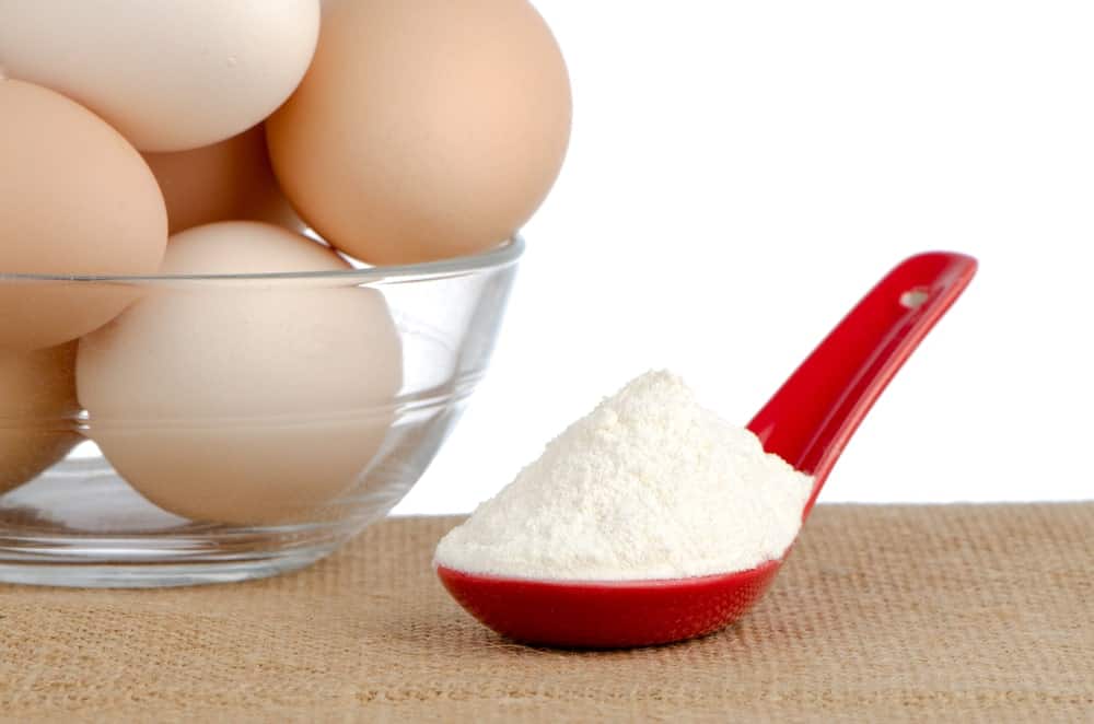 A scoop of egg white protein powder beside a bowl of brown eggs.