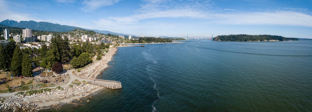 Aerial photograph of Ambleside Beach in West Vancouver