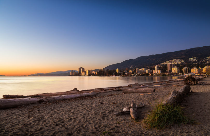 Beautiful sunset of Ambleside Beach in West Vancouver