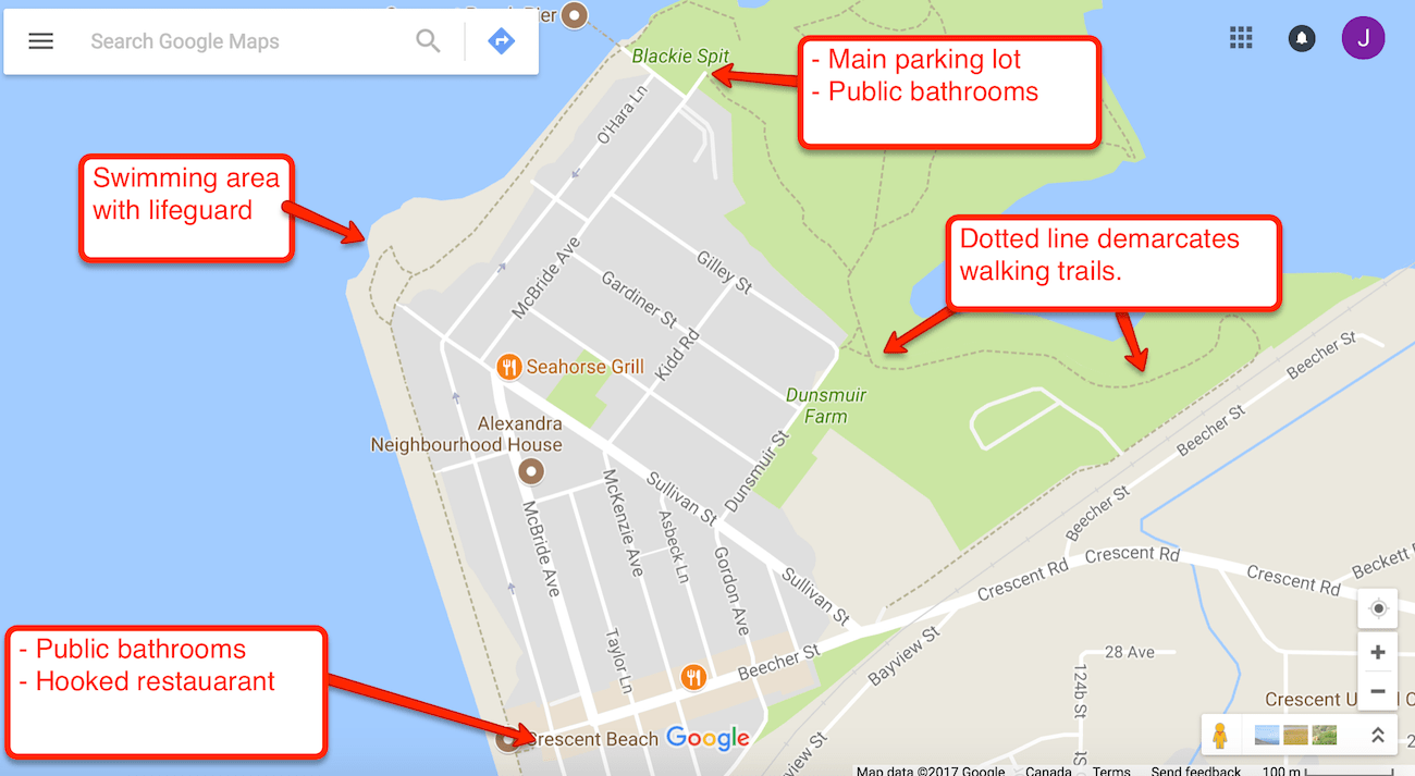 Crescent Beach, South Surrey Parking and Bathroom Map
