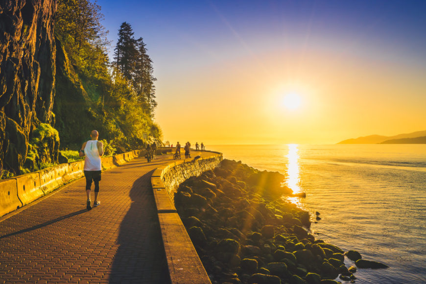 Sunset along the Stanley Park Seawall in Vancouver, BC