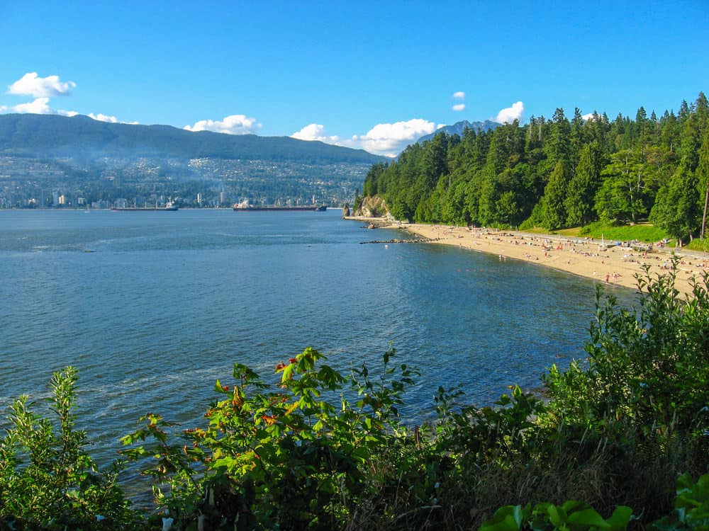 Aerial view of Third Beach in Stanley Park in Vancouver on sunny day.