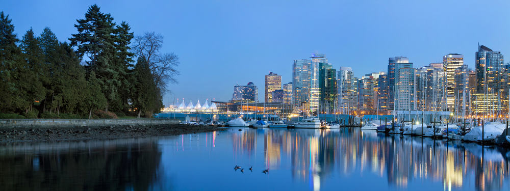 Vancouver skyline and the Seawall at dusk.