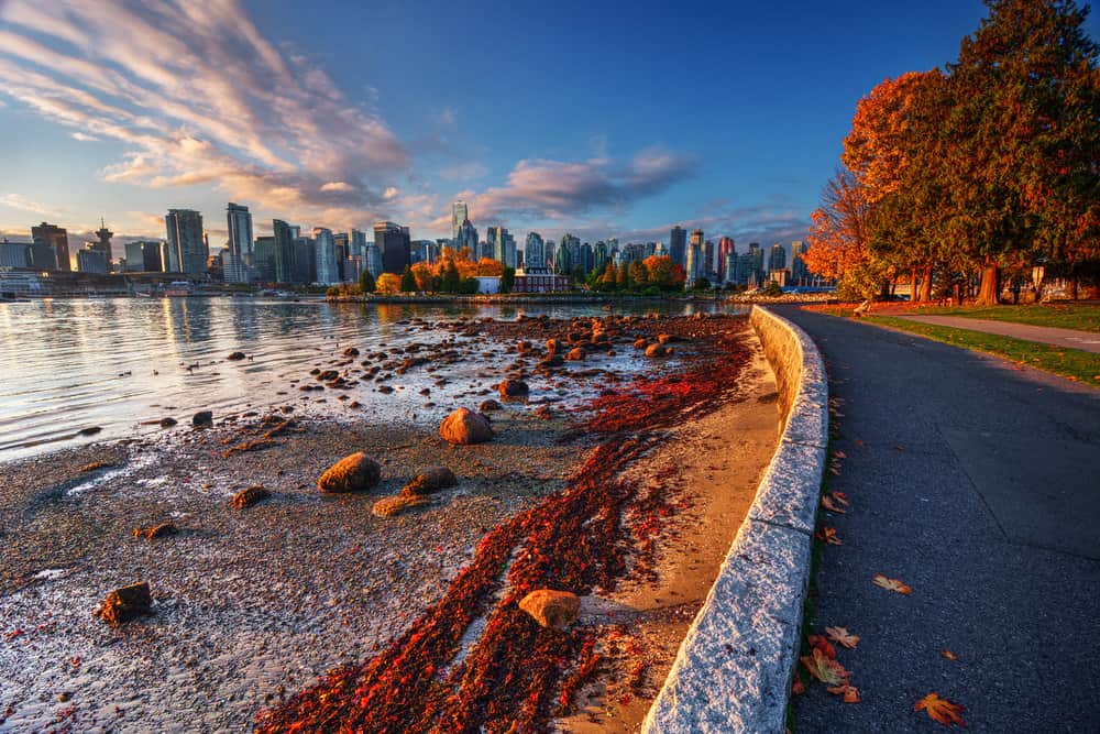 The Seawall in Autumn with view of downtown Vancouver.