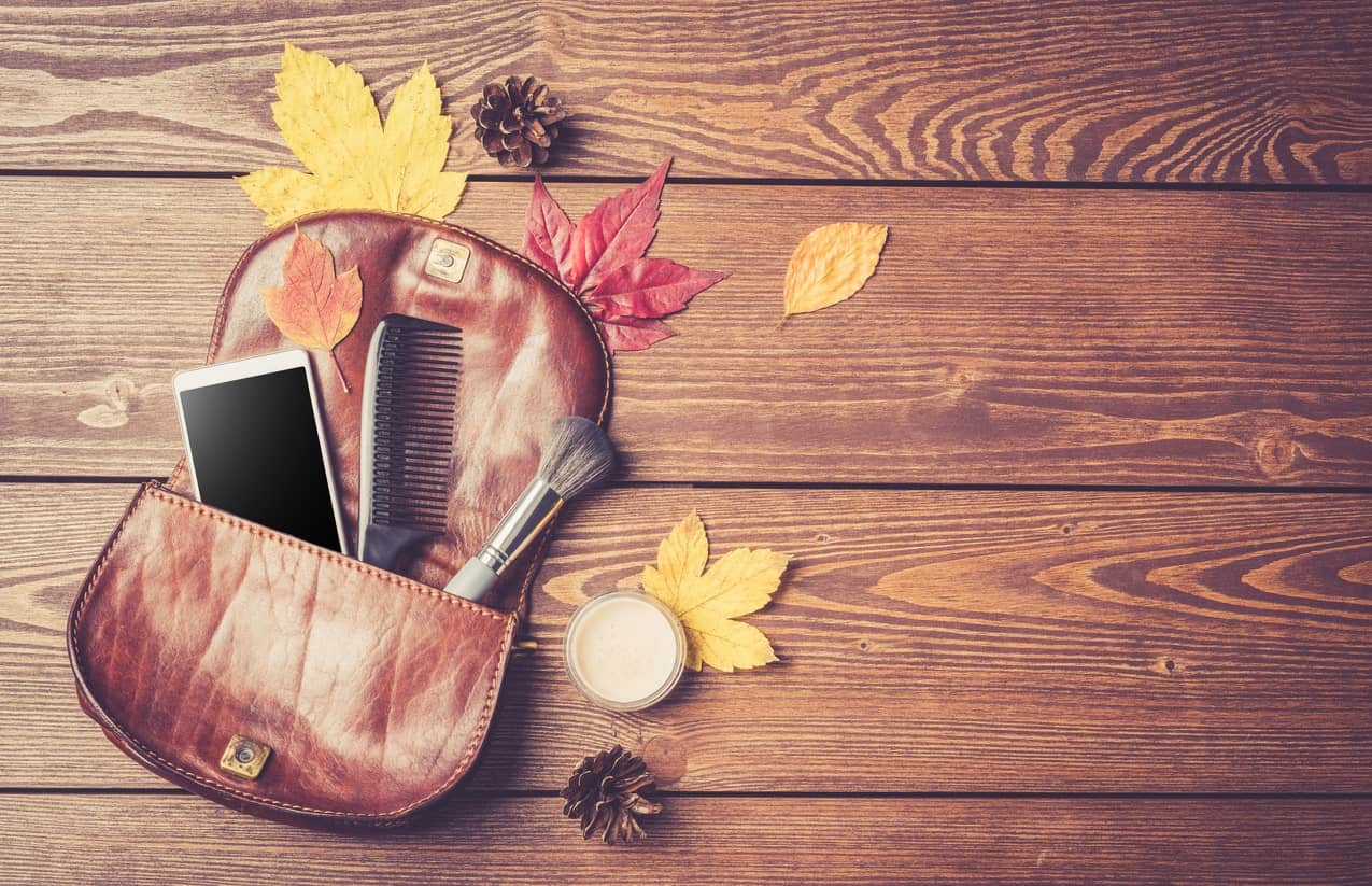 A cosmetic bag with mobile phone, comb, and makeup brush surrounded by autumn leaves on wooden background.
