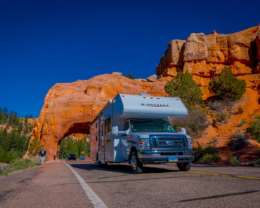 Motorhome on highway going through Bryce Canyon in the USA