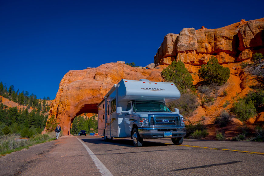 Motorhome on highway going through Bryce Canyon in the USA