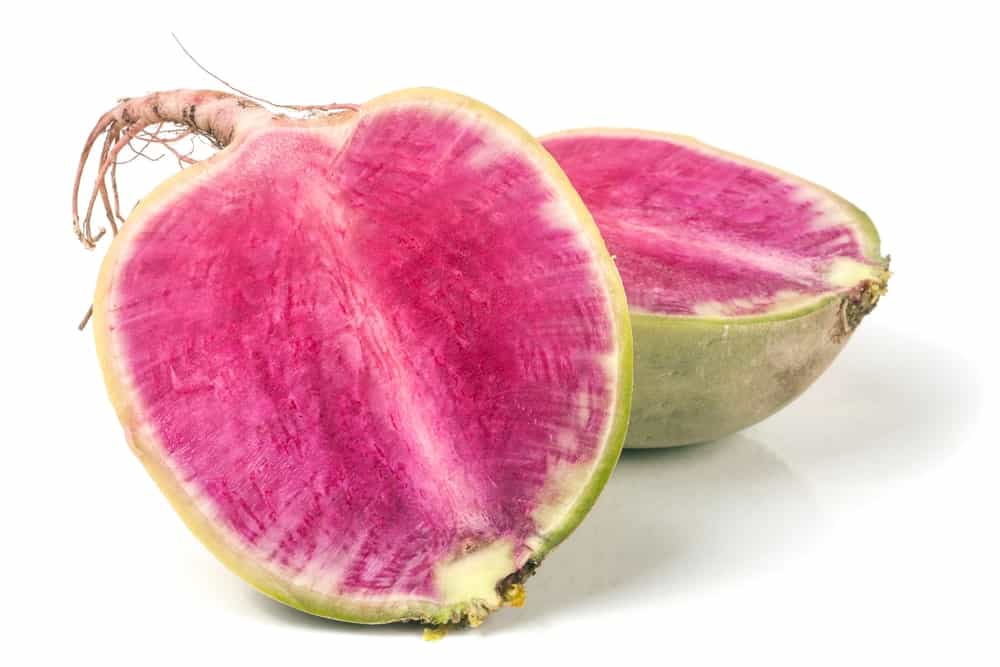 Watermelon radish cut in half.