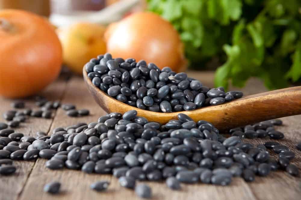 Black Beans with fruits and herbs in the background.