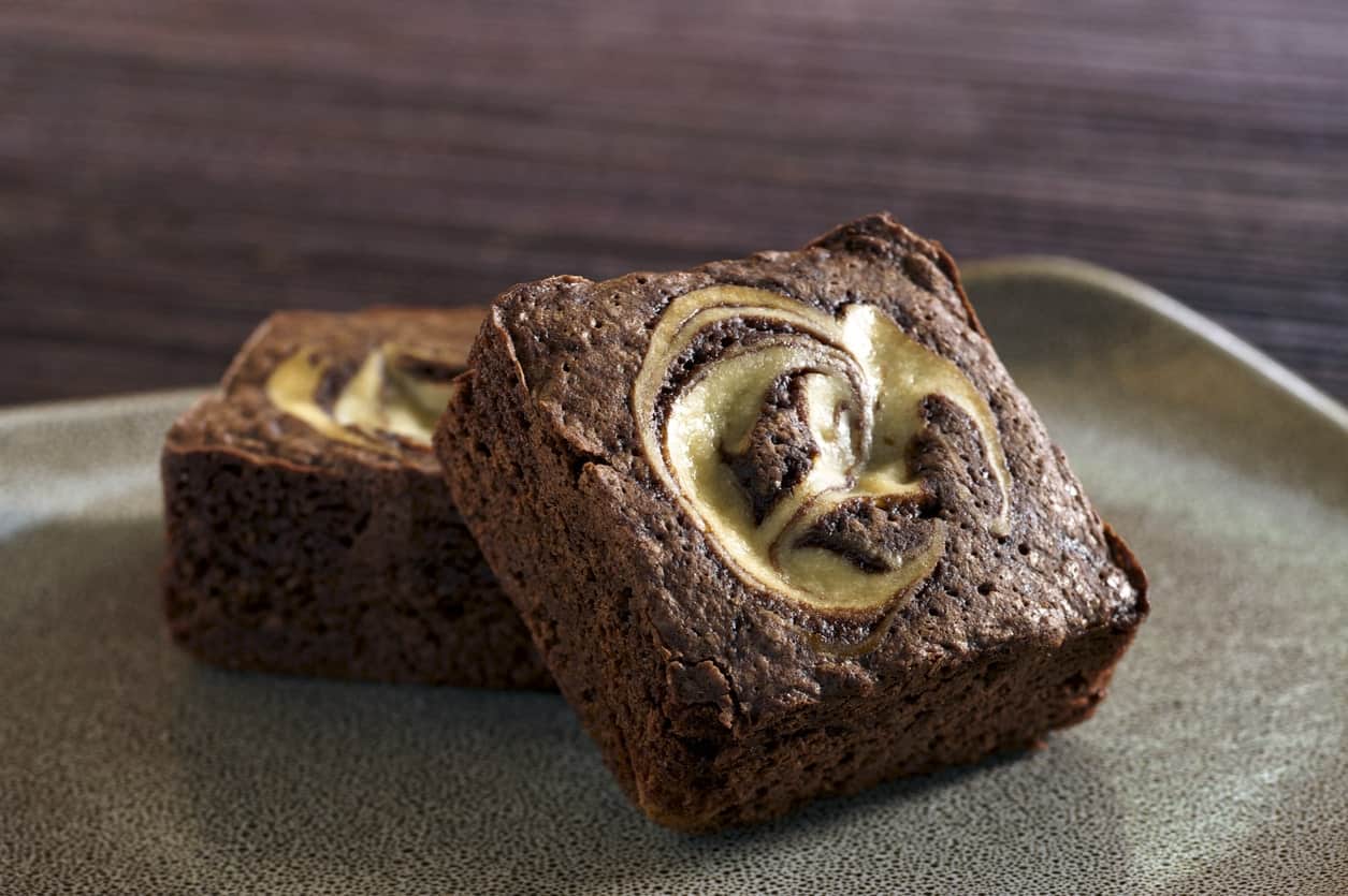 Cream Cheese patterns on chocolate brownies
