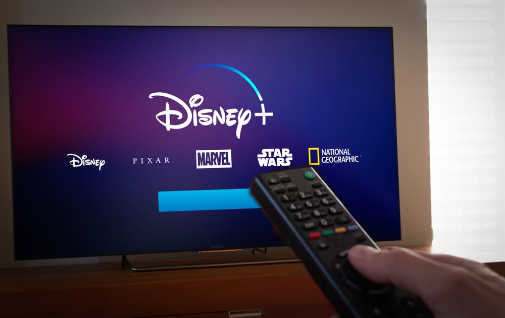 Man holding a remote control turns the channel to Disney+.