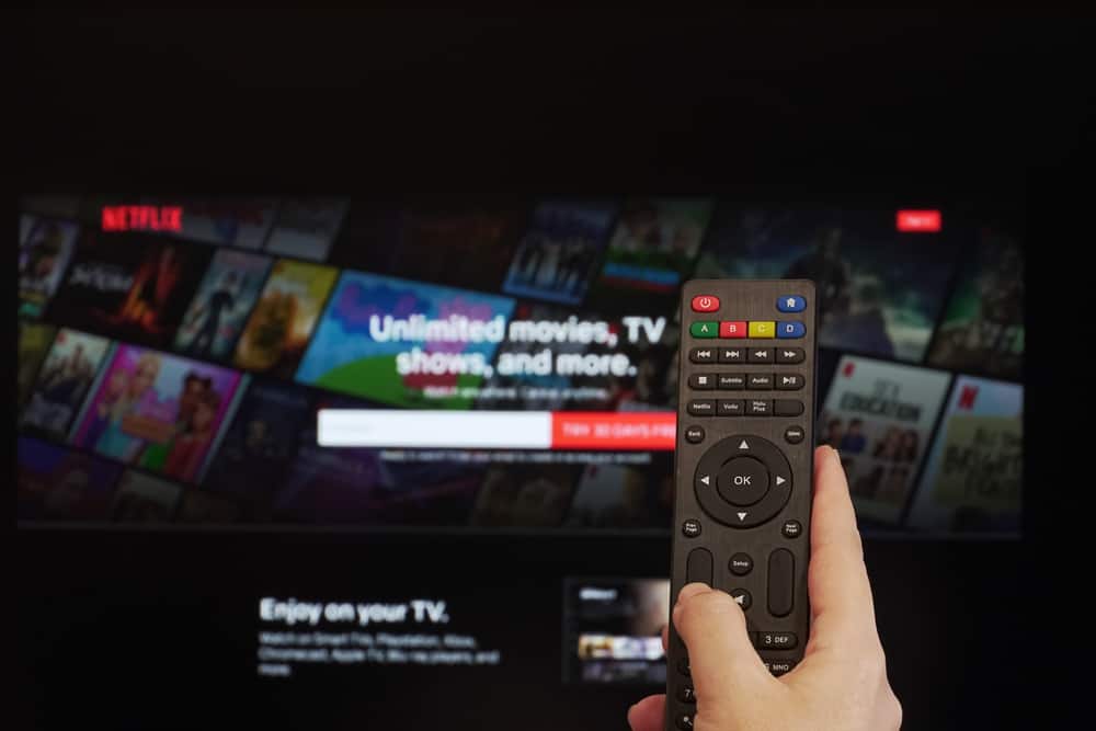 Hand with a remote against the TV showing the Netflix app.