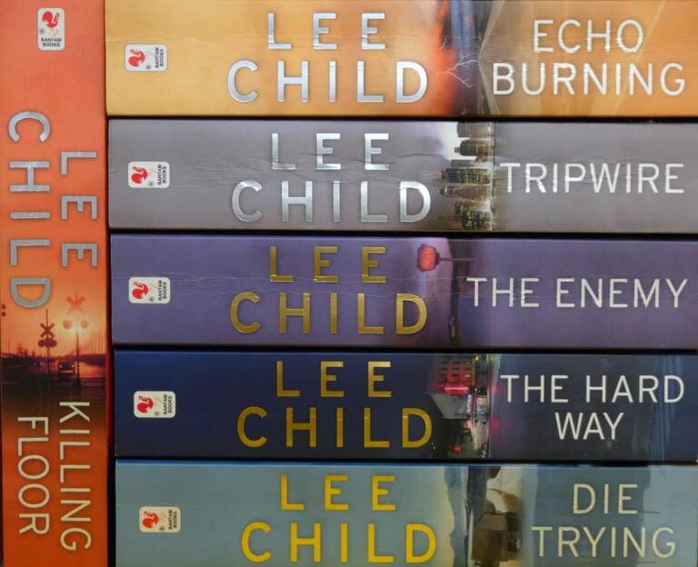 This is a close look at the spines of the book collection showcasing the character of Jack Reacher.