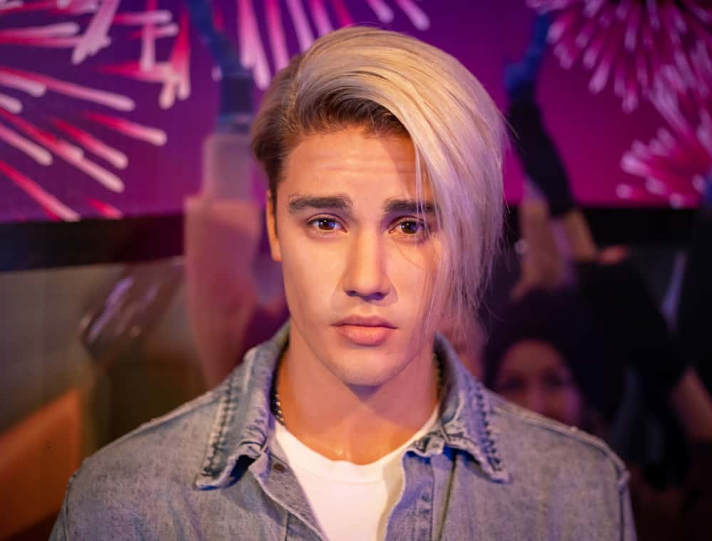 This is a close look at the wax statue of Justin Bieber.