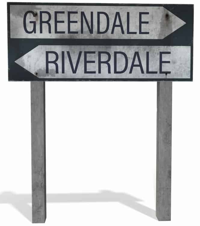 A road signage for Greendale and Riverdale.