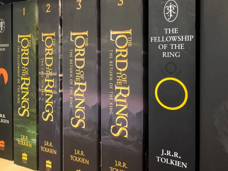 A close look at Lord of the Rings Books on display at a bookstore.