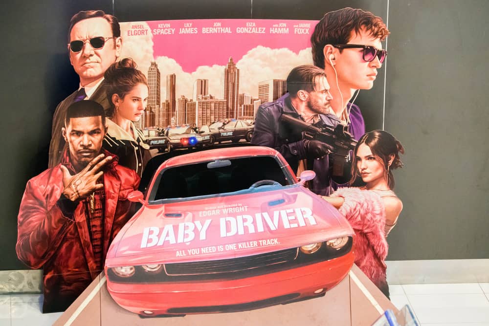 This is a Baby Driver movie poster and photo wall outside the cinema.