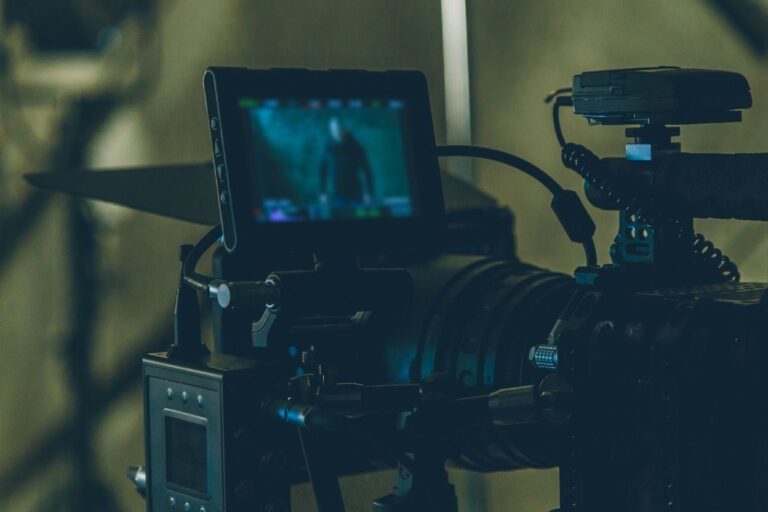 A photo of an on-set movie camera.
