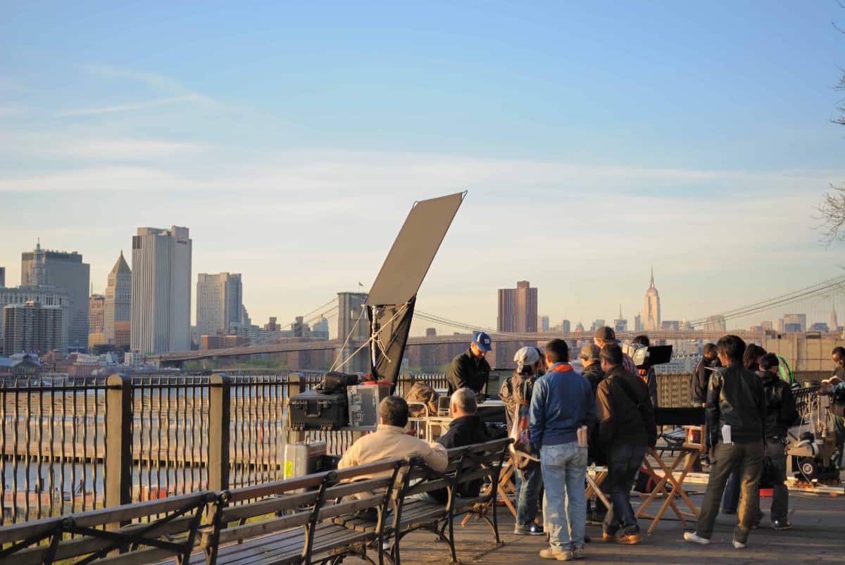 Production team setting up a scene in Brooklyn Heights Promenade.