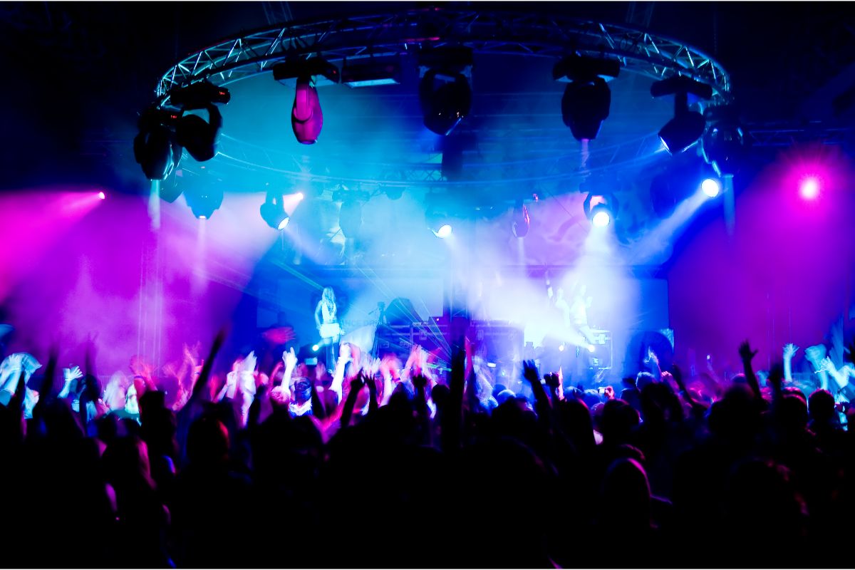A concert with a large wilding crowd.