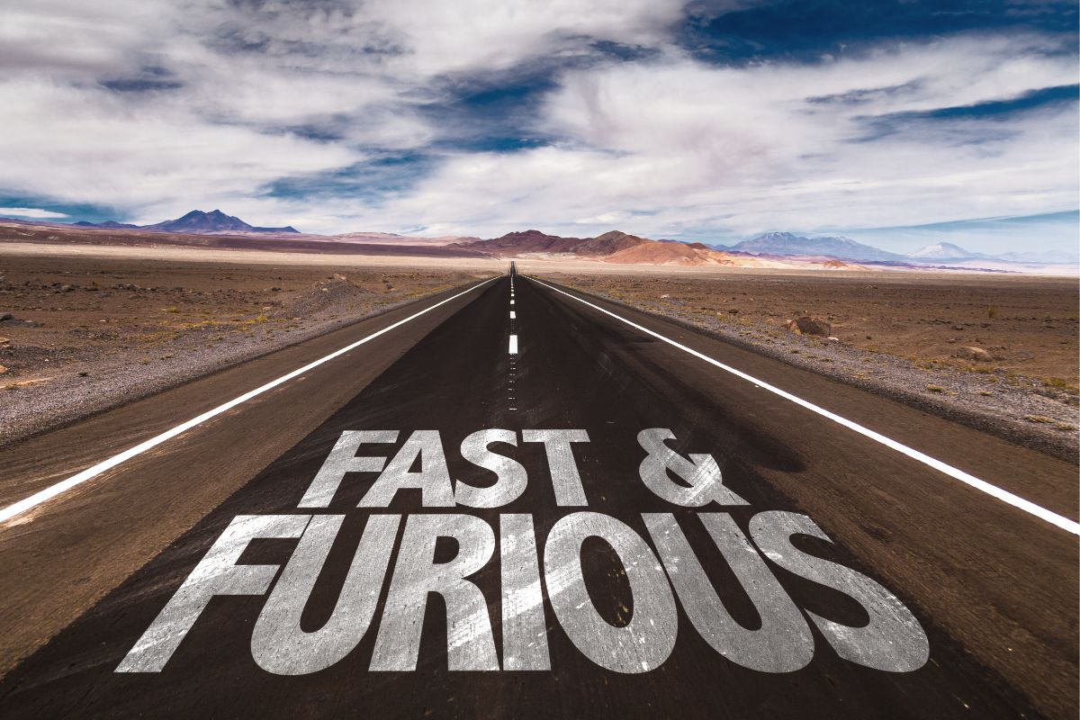 A photo of a road with a fast and furious word in it.