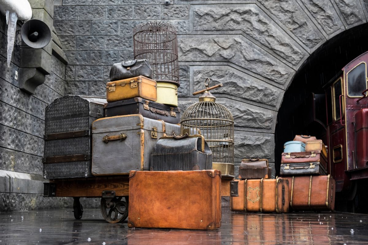 A old vintage movie props, luggage, suitcase and bird cage.