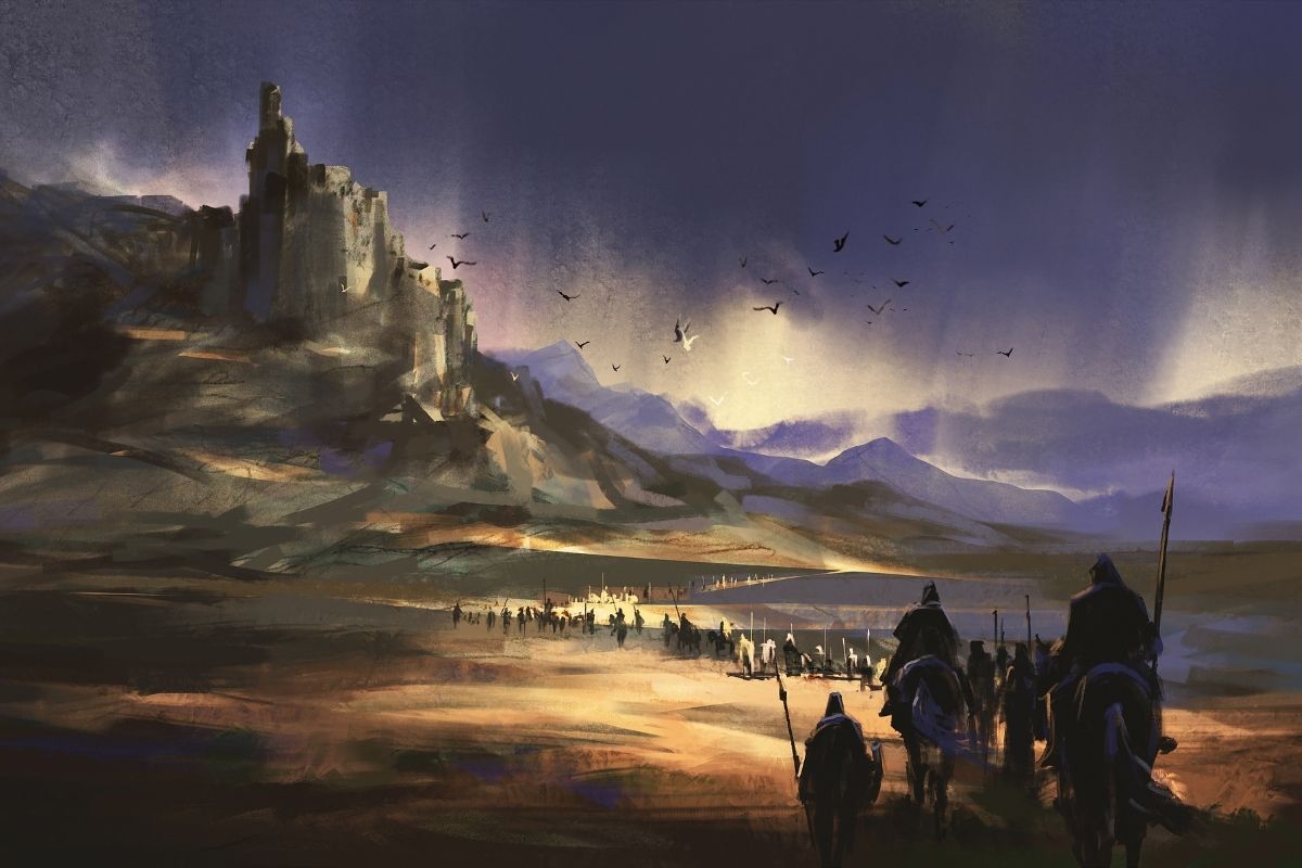 A paint of a legion marching towards the castle that symbolizes fantasy drama.