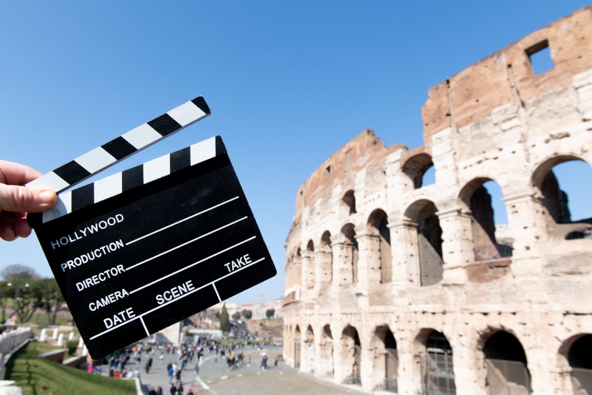 Filming a historical movie at the famous Rome Colosseum.