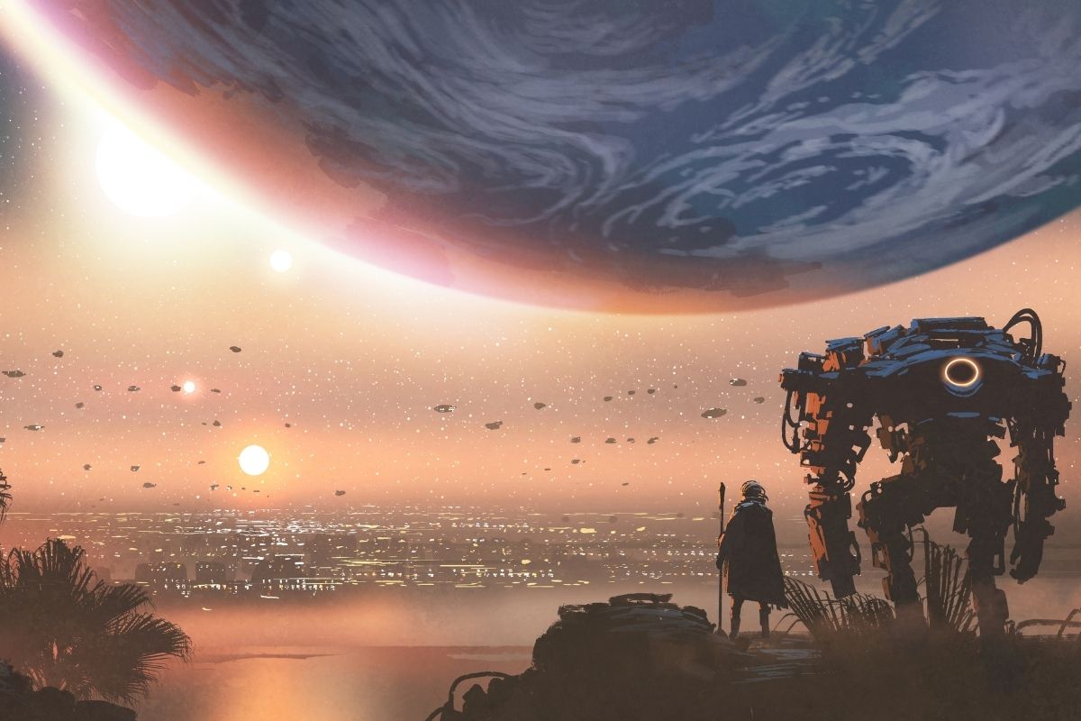 A photo of a man in cape and a robot beside him in a unrealistic world.
