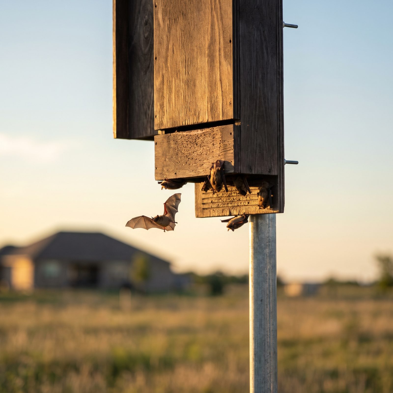 A Bat House Mounted High on a Sunny Pole