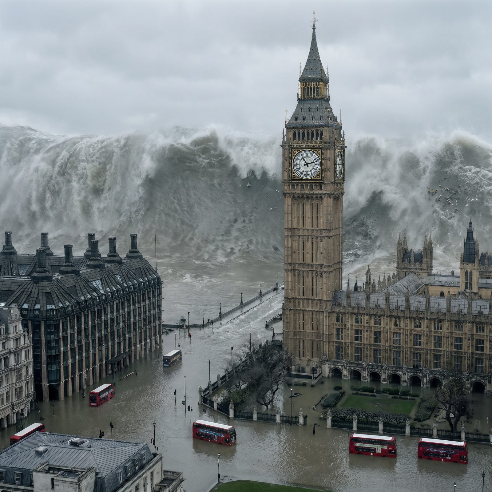 Big Ben and the Thames Overtaken by an Impossible Surge