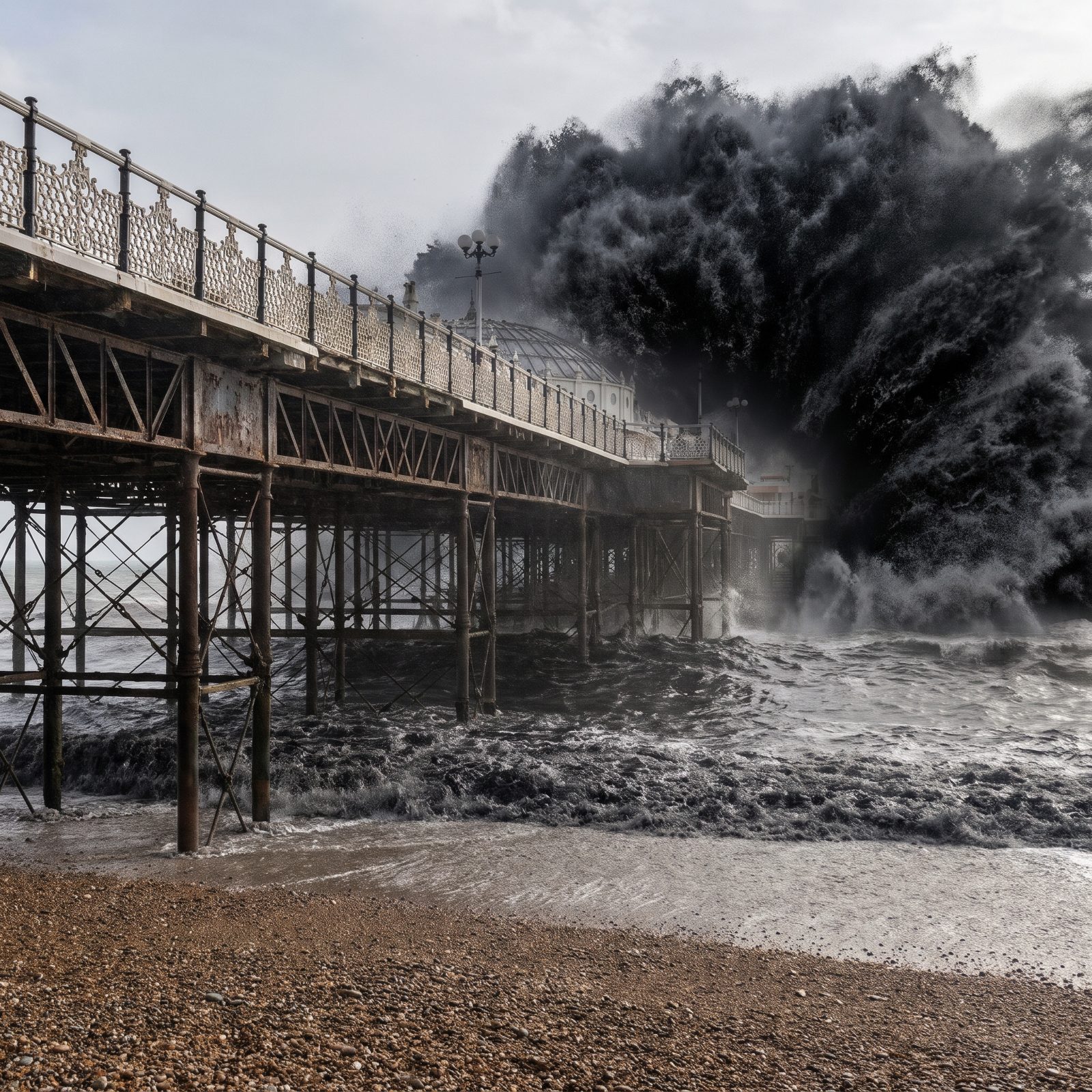 Brighton Pier Swallowed by a Black Channel Wave, England