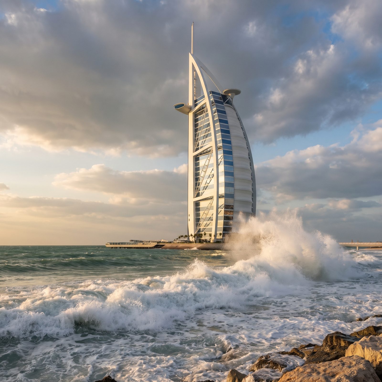 The Burj Al Arab Sail Hotel Against a Towering Gulf Wave