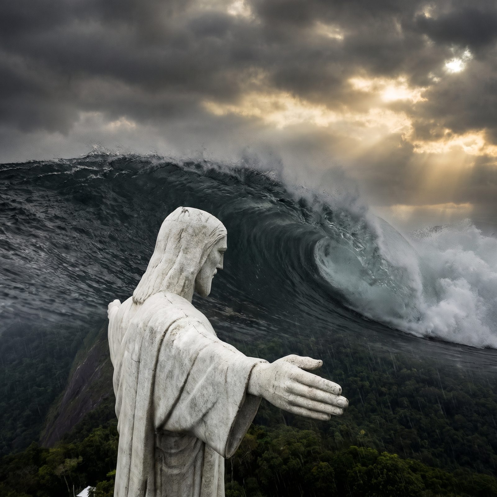 Christ the Redeemer Looking Down on a Wave Climbing the Mountain