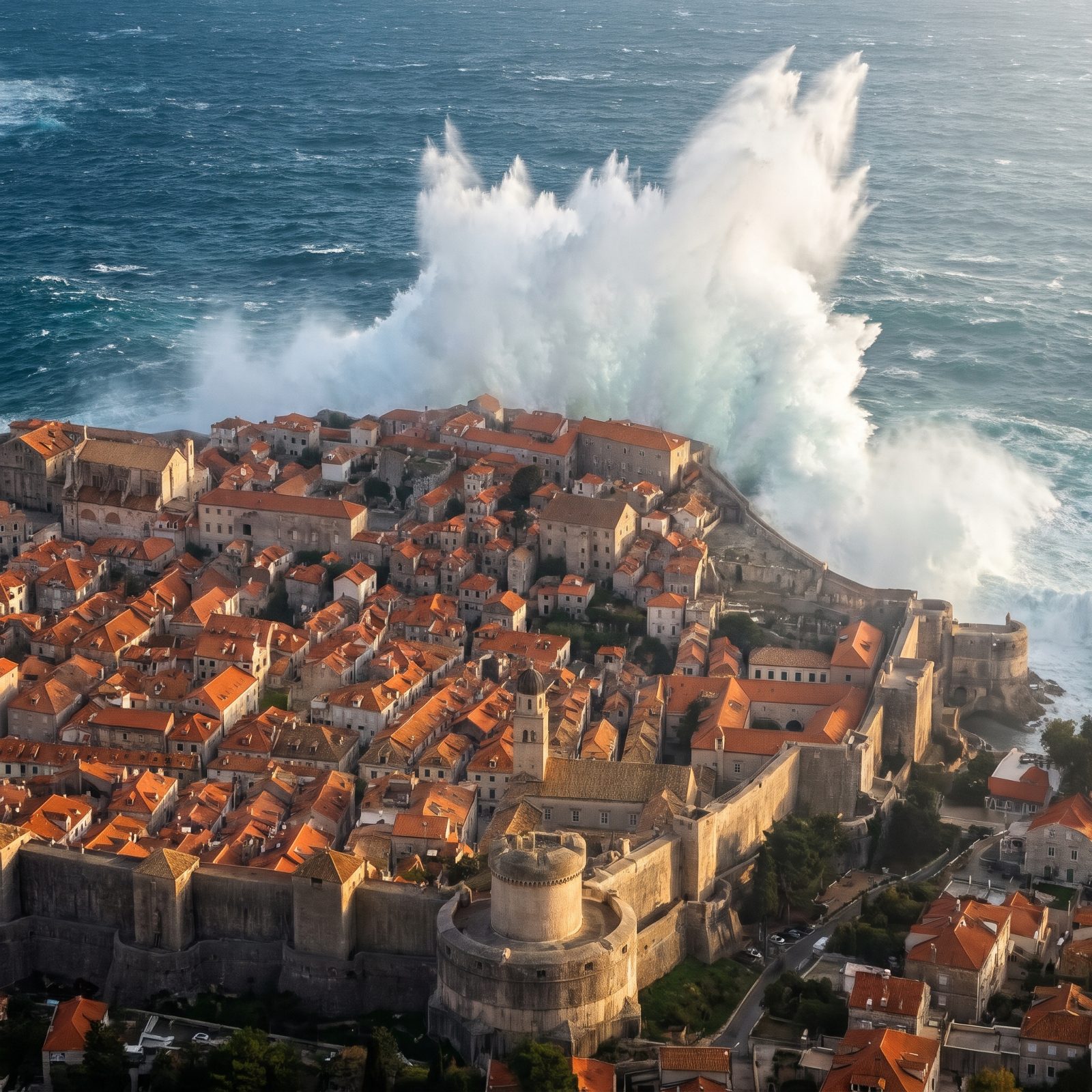 Dubrovnik's Old City Walls Behind a Towering Adriatic Wave, Croatia