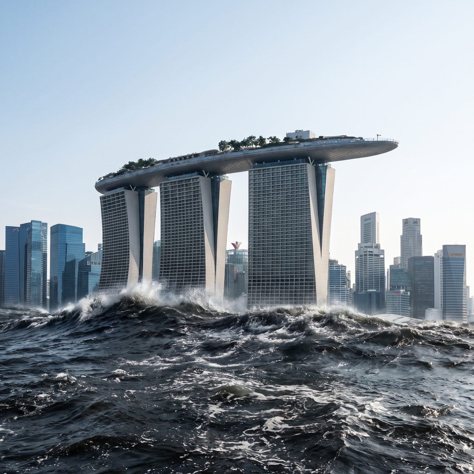 Marina Bay Sands and Its Rooftop Ship Overtaken at the Waterline