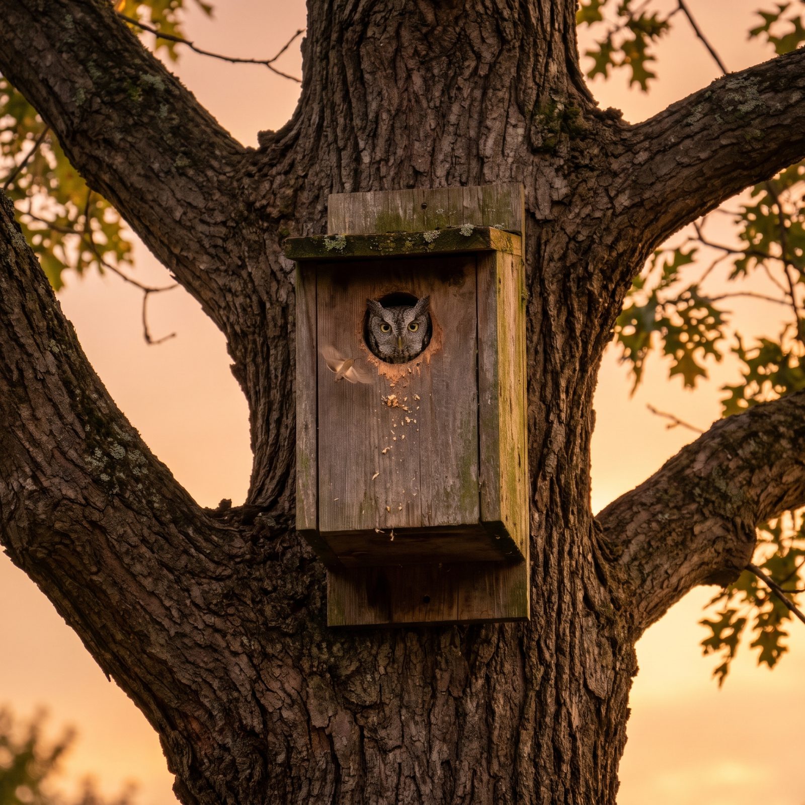 An Owl Nesting Box Mounted High in a Backyard Oak