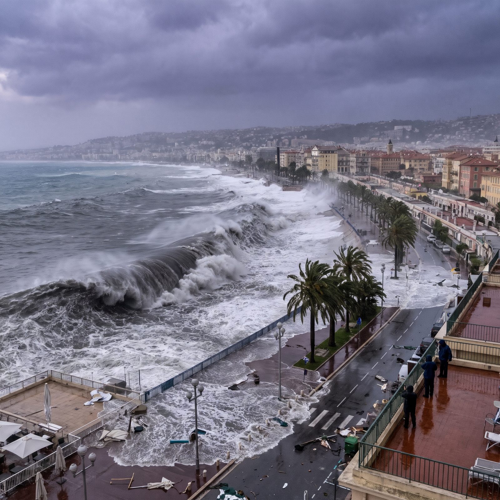The Promenade des Anglais Vanishing Under a Dark Swell, Nice