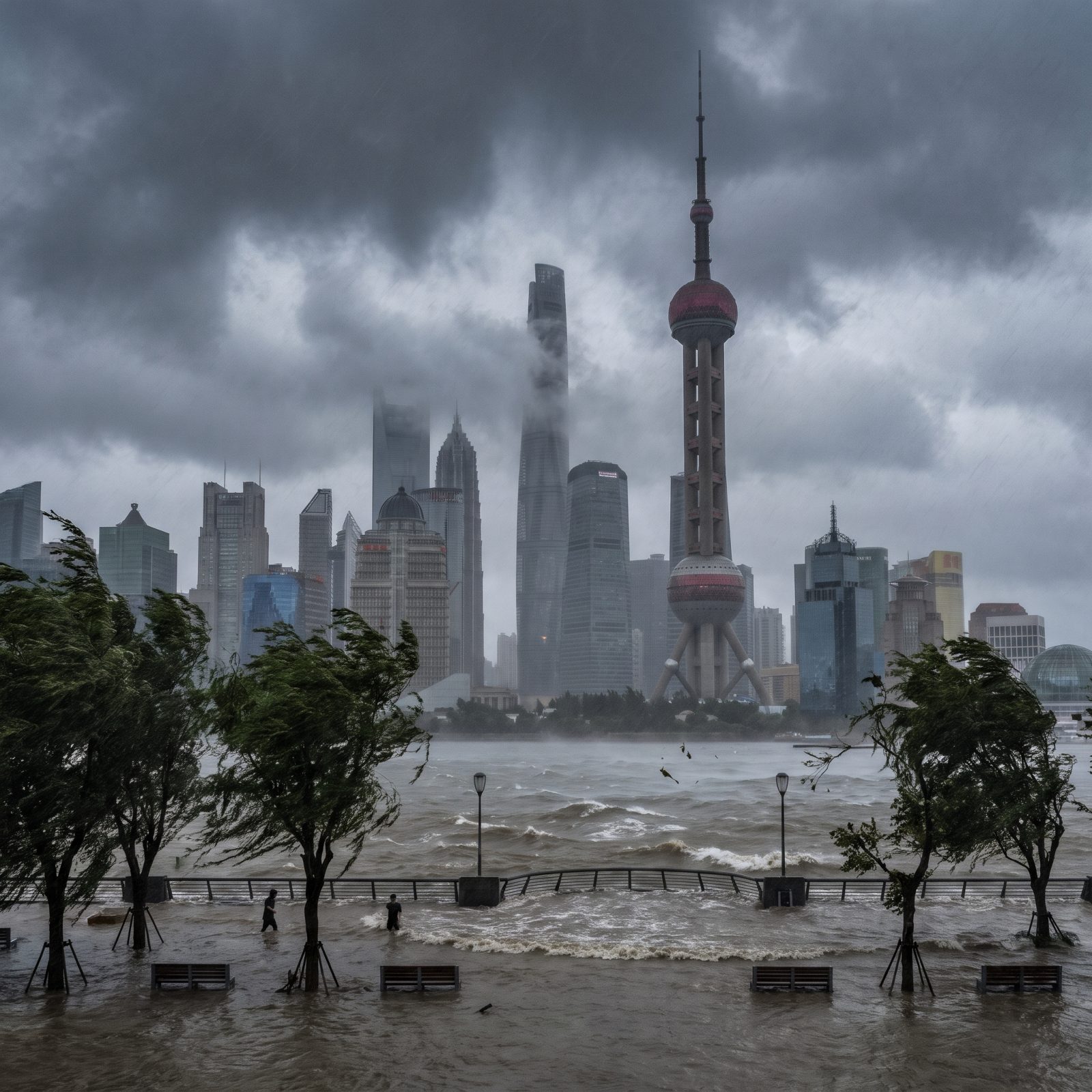 Shanghai's Pudong Skyline Swallowed by Storm Surge