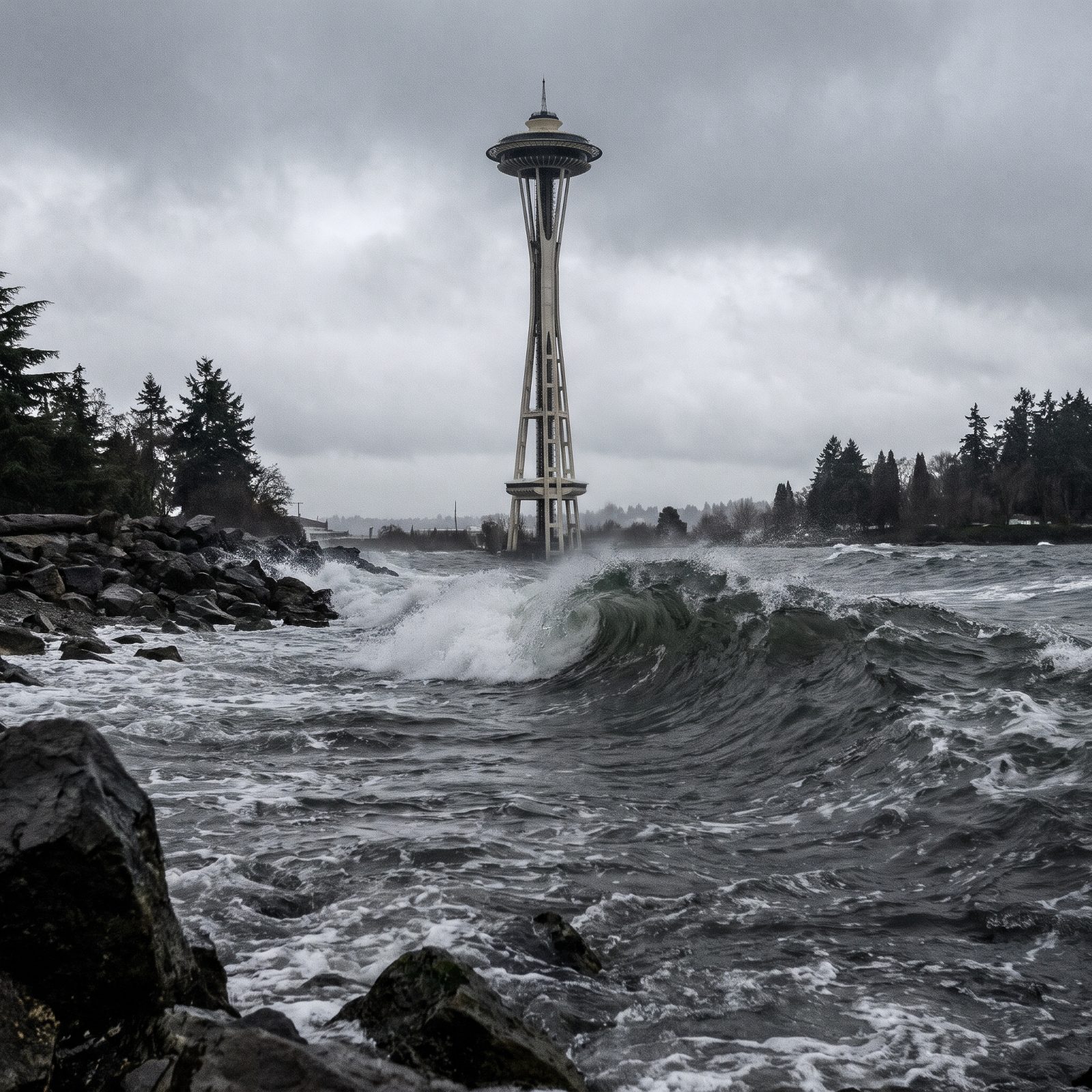 The Space Needle Rising Above a Wave Rolling In Off Puget Sound